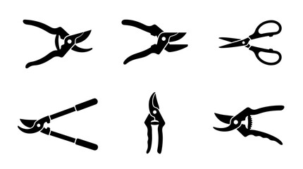 Obraz premium collection of pruning shears, 6 filled black minimal icon vector set , white background , PNG and SVG isolate