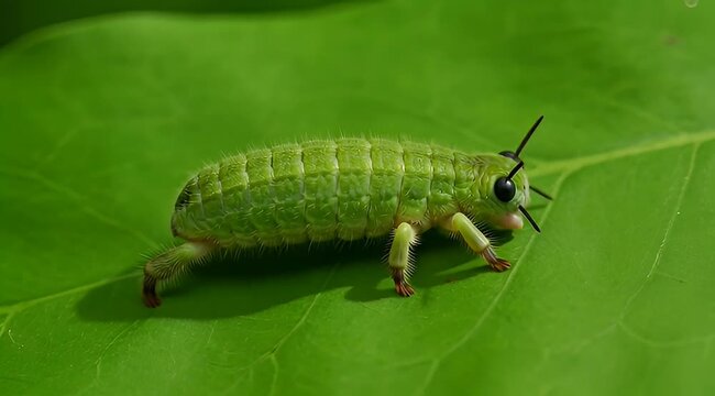 Bright green sawfly larva insect on a lush green leaf in close up