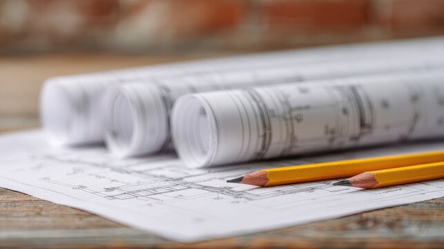 Detailed Architectural Blueprints and Pencils on Rustic Wooden Table Surface