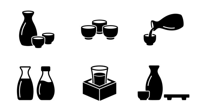 collection of sake set, 6 filled black minimal icon vector set , white background , PNG and SVG isolate
