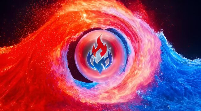 Abstract swirling vortex of fire and water with a central emblem