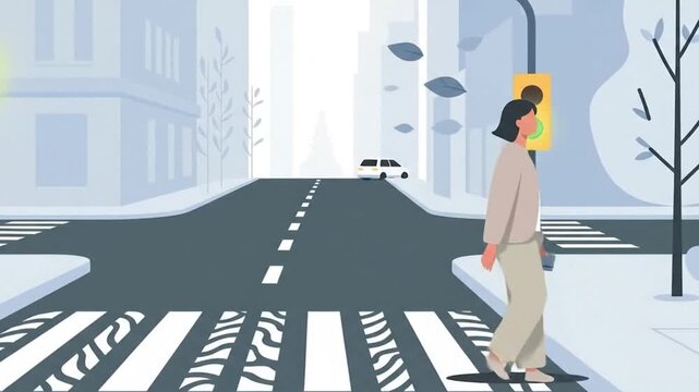 A female pedestrian with short dark hair, wearing a casual light brown jacket and matching pants, is depicted walking across a white striped zebra crossing