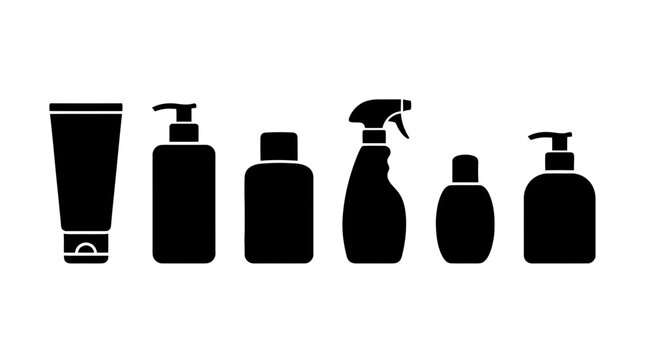 collection of sunscreen bottle, 6 filled black minimal icon vector set , white background , PNG and SVG isolate