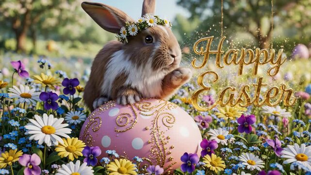 A brown bunny wearing a daisy crown sits on a giant gold-decorated Easter egg in a field of blooming wildflowers, with the words "Happy Easter" glittering in the background, a festive atmosphere.