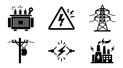 Fototapeta premium collection of transformer high voltage, 6 filled black minimal icon vector set , white background , PNG and SVG isolate