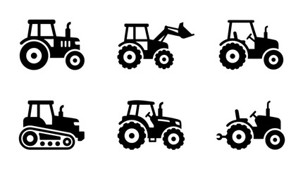 collection of tractor, 6 filled black minimal icon vector set , white background , PNG and SVG isolate