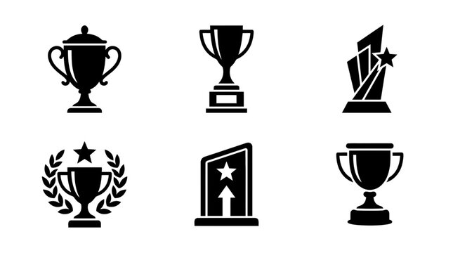 collection of trophy award, 6 filled black minimal icon vector set , white background , PNG and SVG isolate