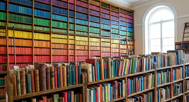 Colorful library interior with rainbow organized bookshelves and arched window. Academic research space with extensive book collection for education concepts.