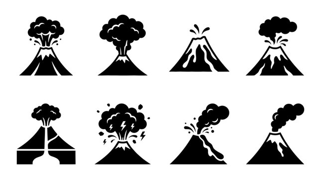 collection of volcano eruption, 6 filled black minimal icon vector set , white background , PNG and SVG isolate
