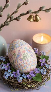 A pisanka-painted Easter egg in a flower nest with a candle and a blooming pussy willow branch. An elegant Easter composition, a calm spring atmosphere, a festive decoration, a serene celebration.