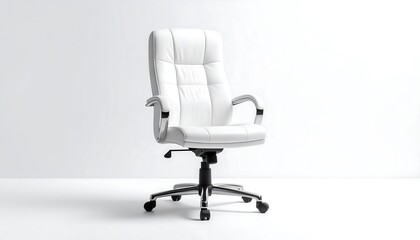 Fototapeta premium A white leather office chair sits against a bright background, with a classic five-wheel base and cushioned back