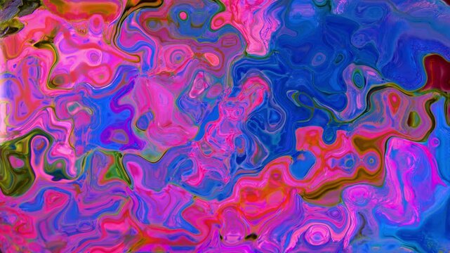 Neon colored liquid paint flowing in organic turbulence patterns creating psychedelic abstract textures. Vibrant pigment motion ideal for digital art visuals and creative motion graphics.