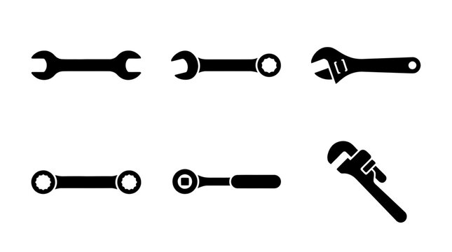 collection of wrench spanner, 6 filled black minimal icon vector set , white background , PNG and SVG isolate