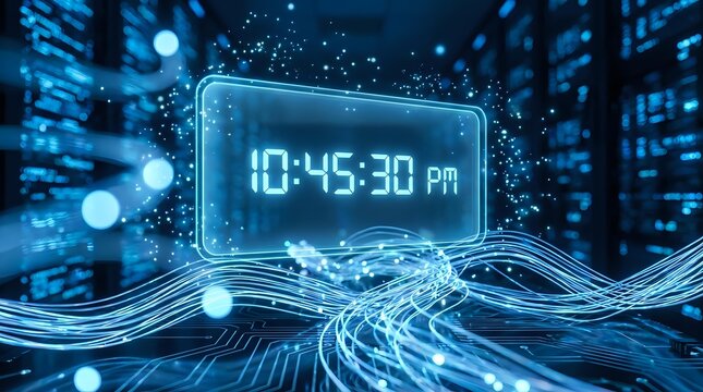 Futuristic digital clock display showing time in glowing blue holographic interface with flowing data streams and particle effects in cyber space.