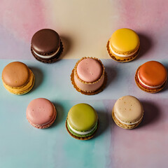 Obraz premium Modern dessert assortment is displayed symmetrically with rainbow macarons and layered cakes.