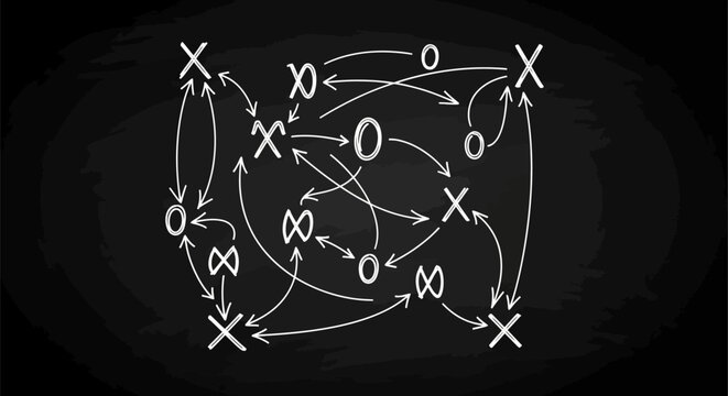 Abstract chalk drawing of a chaotic tic-tac-toe game with Xs, Os, and infinity symbols on a blackboard