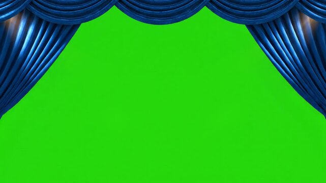 A green screen with a decorative blue curtain border at the top