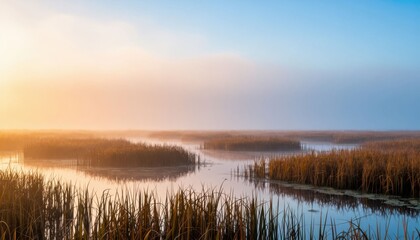 Obraz premium Serene sunrise over misty wetlands with golden light reflecting on calm water and tall reeds