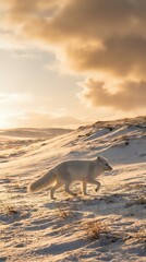 Obraz premium Arctic fox walking through snowy landscape during golden hour sunset with dramatic cloudy sky and rolling hills in remote wilderness habitat.