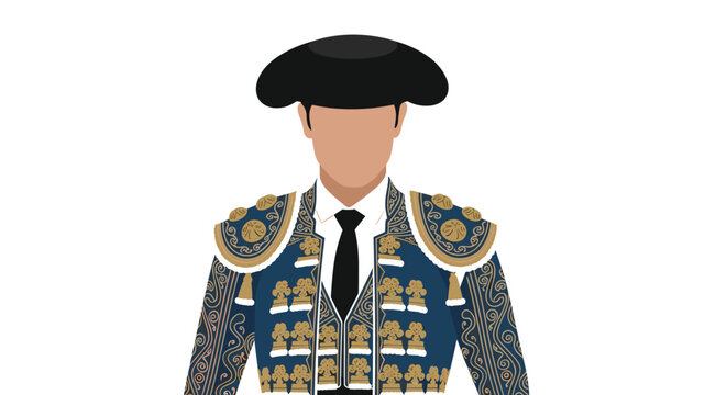 Frontal view of a bullfighter wearing a traditional ornate blue and gold suit of lights costume and a classic black montera hat in flat style.