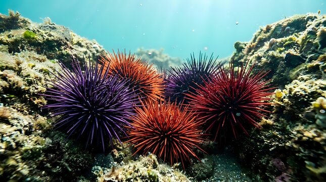 Colorful sea urchins with spiny shells on coral reef underwater. Marine life ecosystem with purple and orange echinoderms in tropical ocean environment.