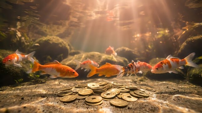 Colorful koi fish swimming in sunlit pond with golden coins scattered on bottom creating magical underwater scene with warm light rays filtering through water.