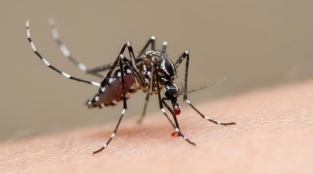 Aedes aegypti mosquito feeding on human skin showing detailed insect anatomy and blood-sucking behavior for medical and educational content.