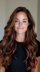 Naklejka premium Young Caucasian woman with long wavy brown hair and highlights smiling at camera wearing black top against neutral background for beauty and lifestyle content.