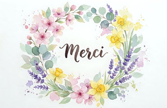 Watercolor floral wreath with Merci text featuring spring flowers, eucalyptus leaves and lavender on white background for greeting cards and thank you designs.