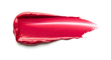 a smear of red lip gloss with sparkles on a white background, the lip gloss is shiny and has a smooth texture, it is a vibrant red color with small glitter particles throughout
