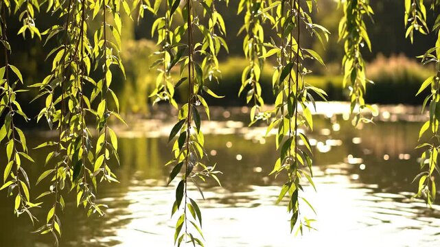 Sunlight filtering through weeping willow branches over a shimmering lake.