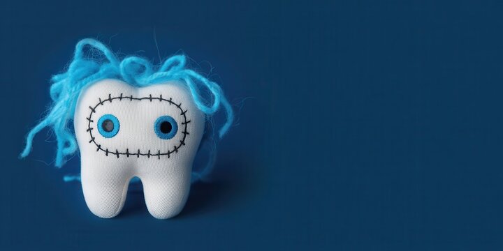 A voodoo doll tooth with blue hair and stitches sits on a blue surface.