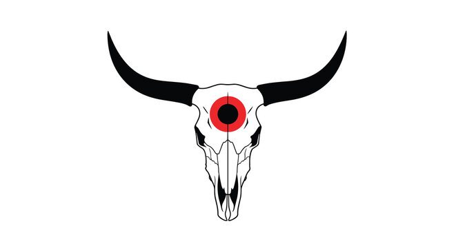 Cow skull with black horns and red target symbol on the forehead isolated on plain white background for design.