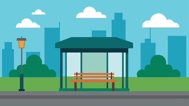 A public bus stop shelter with a wooden bench situated on a sidewalk next to green bushes with a blue city skyline in the background.