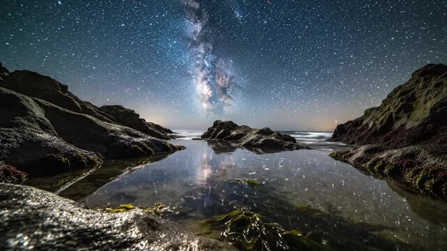 Majestic Milky Way Galaxy Reflected in Tidal Pool at Night, Rocky Coastline