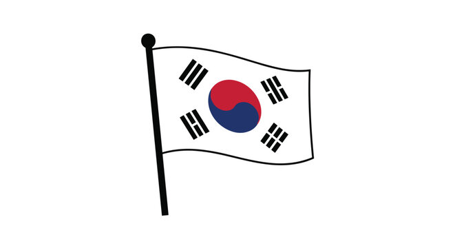 South Korean national flag waving on a black pole featuring the taegeuk symbol and four black trigrams in line art.