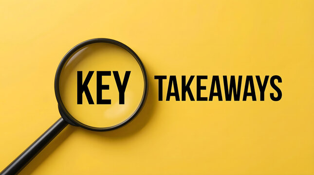 Magnifying glass highlighting the words KEY TAKEAWAYS on a vibrant yellow background for important information