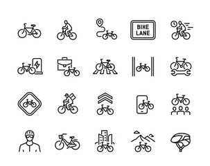 Bicycle line icon set. Simple symbols with bike, protective helmet, courier on bike, electric bicycle and cycling route. Editable stroke. Outline vector illustration collection isolated on background