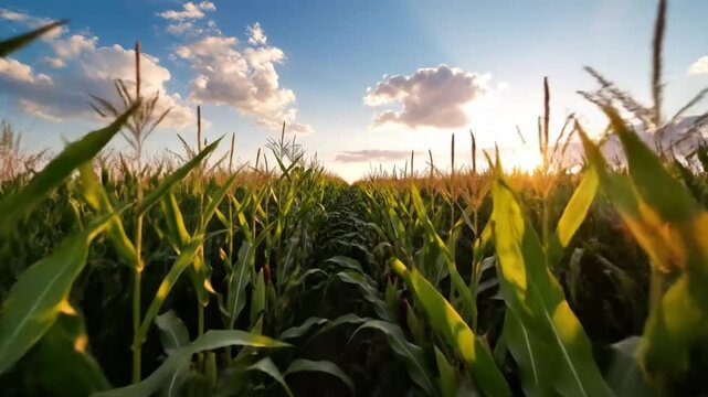 Low angle view of a cornfield row with the sun setting through the horizon in a summer field