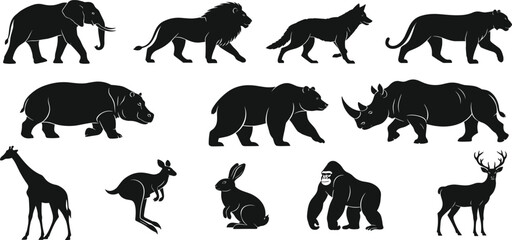 Large set of wild animal silhouettes including elephant lion bear and giraffe, vector illustration isolated on white background for zoo nature design © MdFiroz