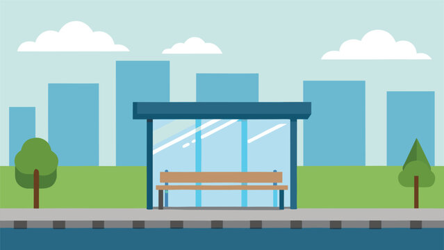 A blue bus stop shelter with a wooden bench sits on a grey sidewalk between two green trees in front of a blue city skyline.