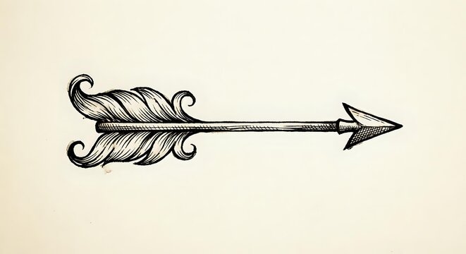 Hand-drawn arrow with decorative feathers in vintage sketch style on textured paper background for rustic design projects and bohemian decor.