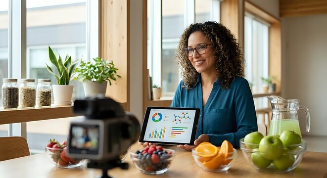 Young mixed-race woman nutritionist recording healthy cooking video in modern kitchen with laptop showing meal planning app and fresh fruits.