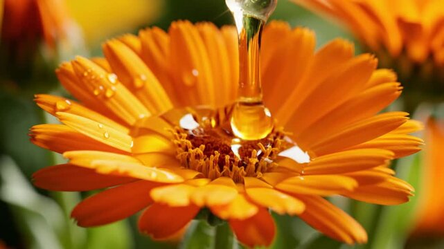 Close-up of golden honey pouring onto bright orange marigold flower blossoms for natural beauty treatment.