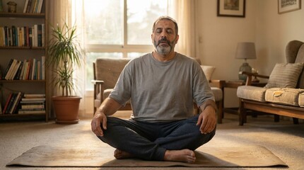 Fototapeta premium Middle aged man meditating cross legged on living room rug, calm mindful morning light through window, home wellness routine for stress relief and balance