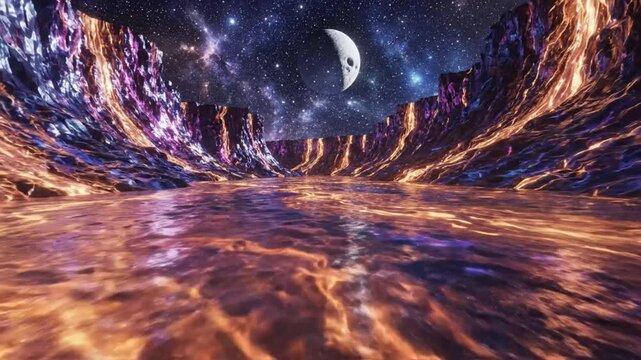 Surreal alien planet landscape with fiery river flowing between vibrant purple canyon walls and a starry sky with a large moon
