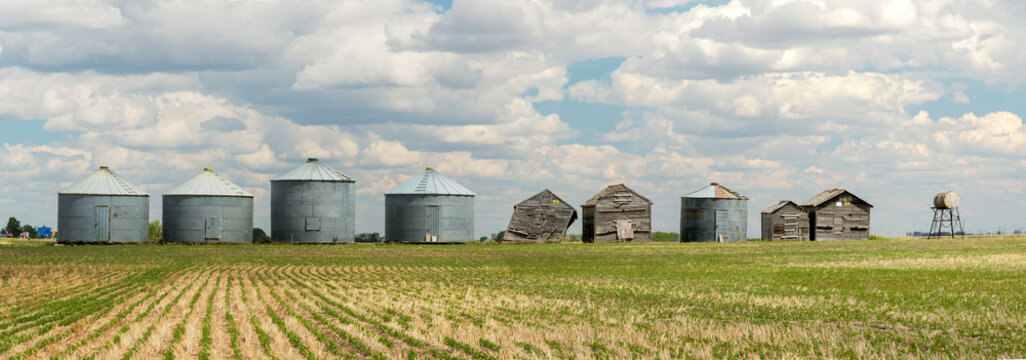 Canada, Saskatchewan, Regina.  A line of steel storage bins and equipment sheds along the horizon in the great plains of the Canadian prairies.