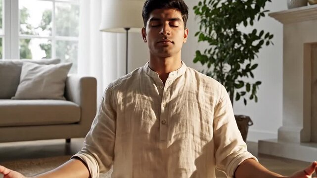 A young man with closed eyes sits in a meditation pose indoors wearing a light-colored kurta shirt and natural light illuminates his face and body, creating a peaceful and serene atmosphere.