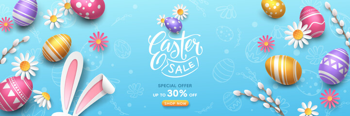 Festive horizontal Easter sale banner with text, realistic 3D painted eggs, paper flowers, bunny ears, and willow branches on a blue background. Vector holiday template for seasonal promotion offers. © aerynrei