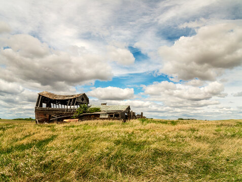 Canada, Saskatchewan, Biggar.  Delapidated farm buildings in the great Canadian prairie.